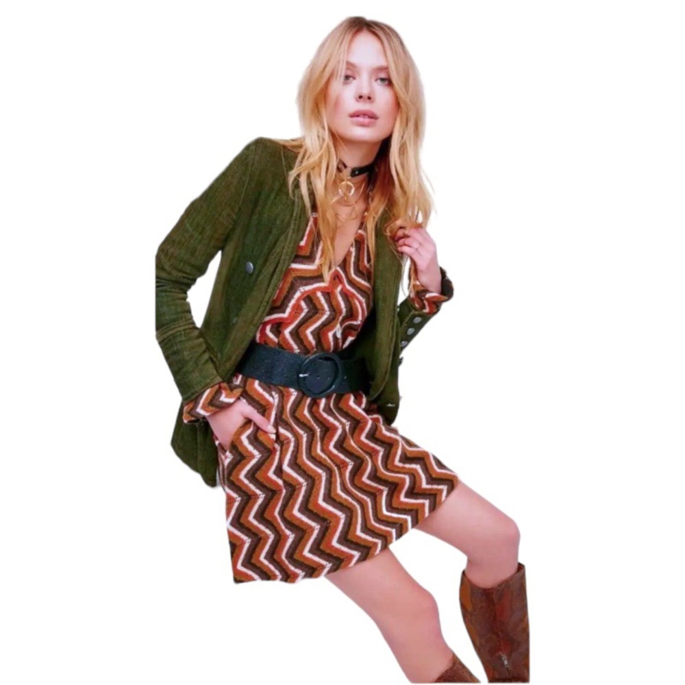 $168 Free People Chevron Sweater Dress Dress + Slip Large 10 12 Brown Retro NWT